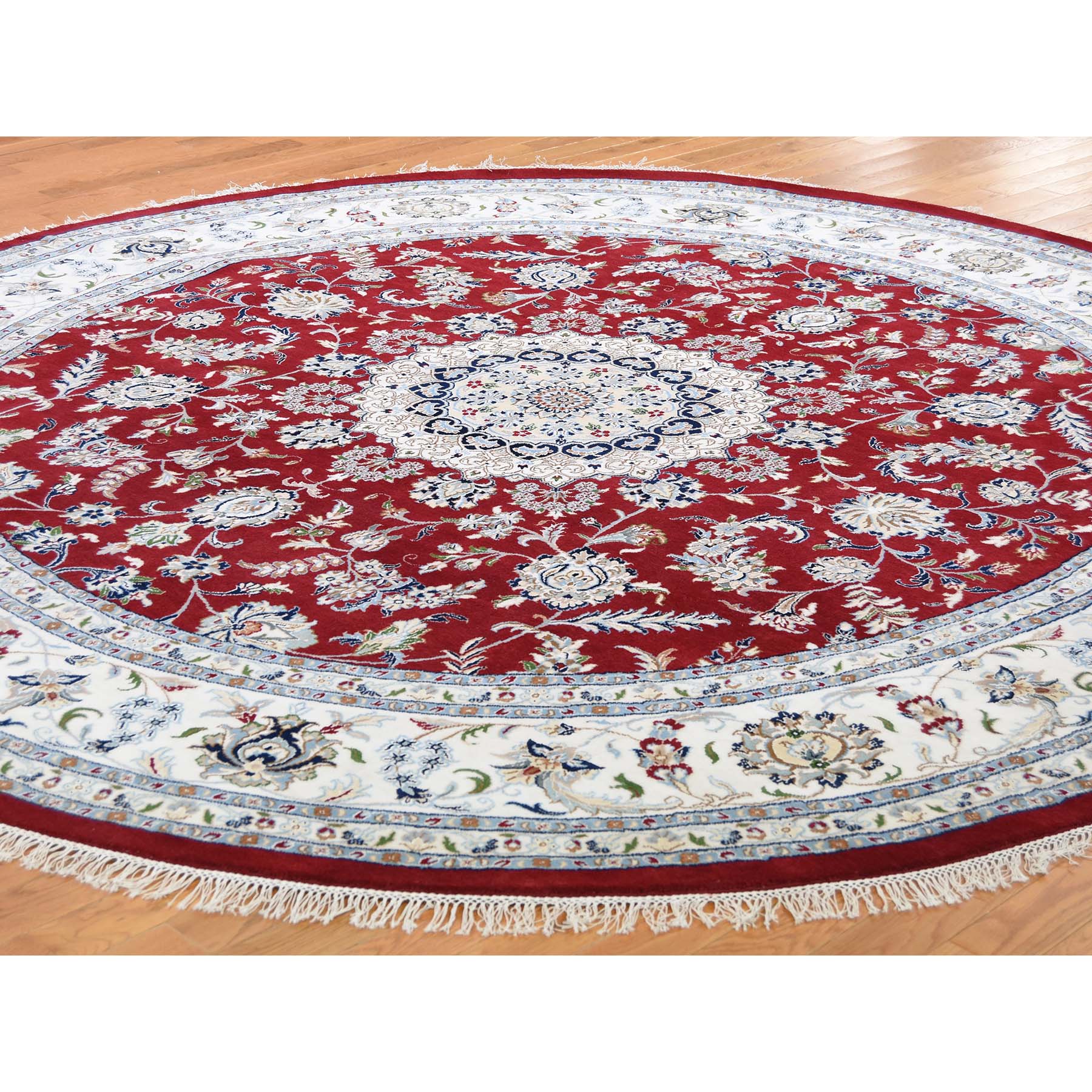 9'8"x9'8" HandKnotted Wool And Silk 250 Kpsi Red Nain Round Oriental Rug